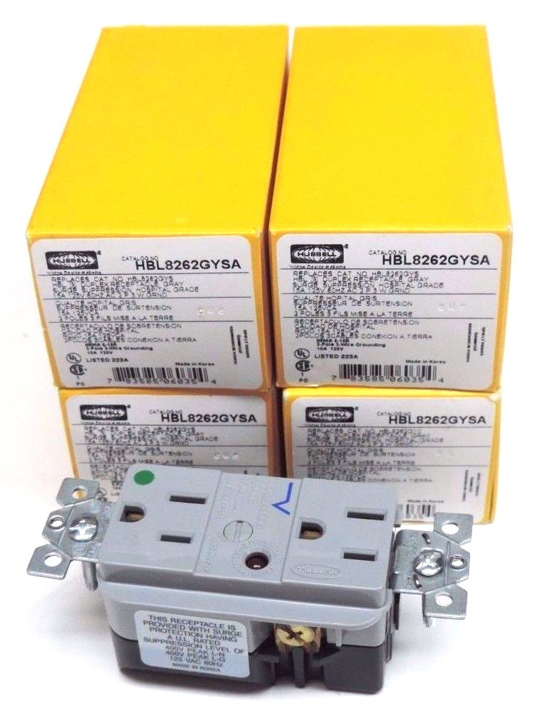LOT OF 4 NIB HBL8262GYSA HUBBELL DUPLEX RECEPTACLE 15A, 125V, 60HZ AC, 2P 3W GND