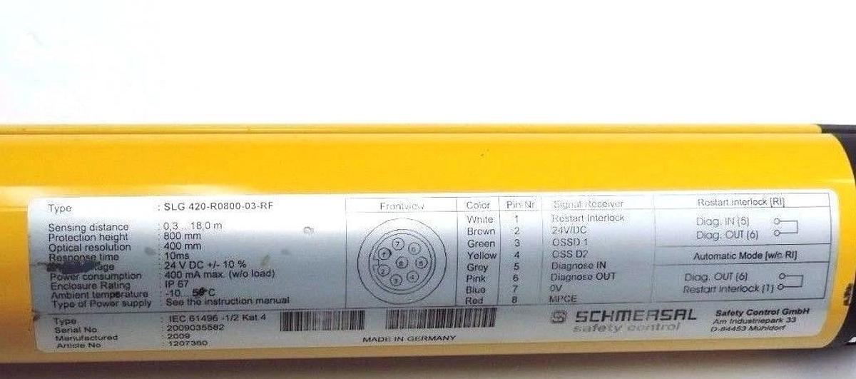 Used LOT OF SCHMERSAL SLG420 LIGHT CURTAINS SLG 420-R0800-03-RF, SLG 420-E0800-03-RF
