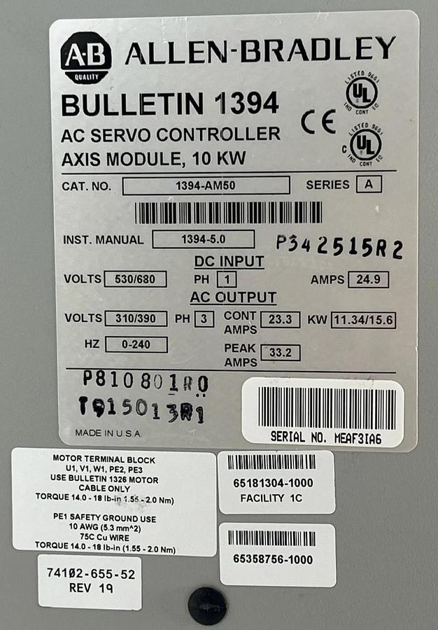 Used Allen-Bradley 1394-AM50 AC Servo Axis Module Ser A 10kW 530/680V 1PH 24.9A