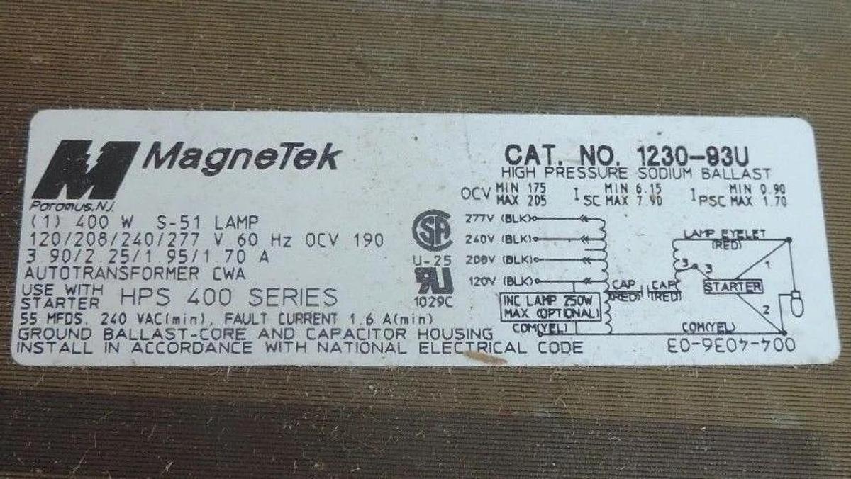 NIB MAGNETEK 1230-93U-500K BALLAST REPLACEMENT KIT 400W S-51 LAMP, 123093U500K