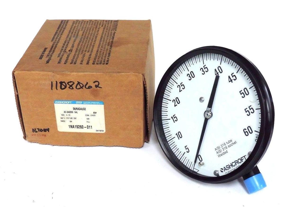 Used NIB ASHCROFT 45-2462-SS-04L-60 DURAGAUGE 4-1/2'', 1NA19260-011, 452462SS04L60