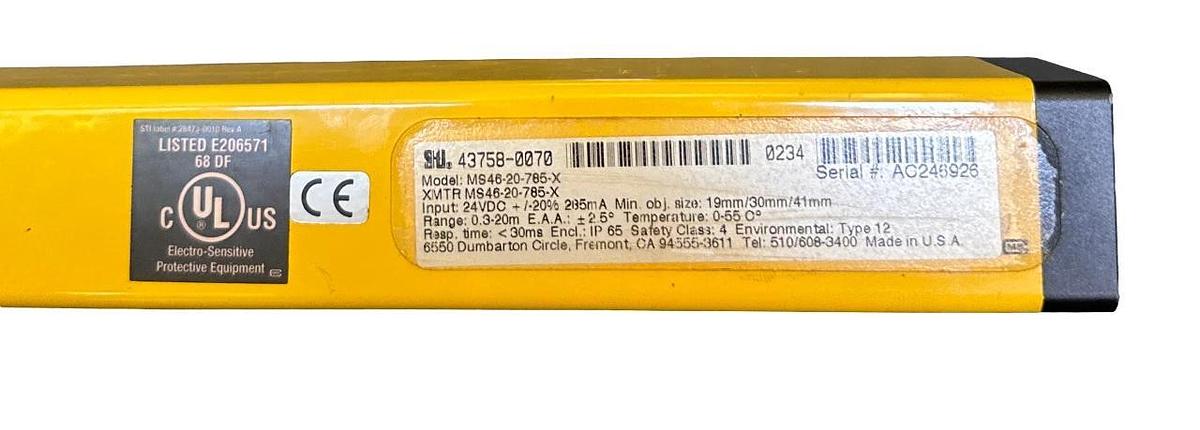 Used STI 43758-0070 / MS46-20-785X MiniSafe 4600 SERIES XMTR SAFETY LIGHT CURTAIN 24V