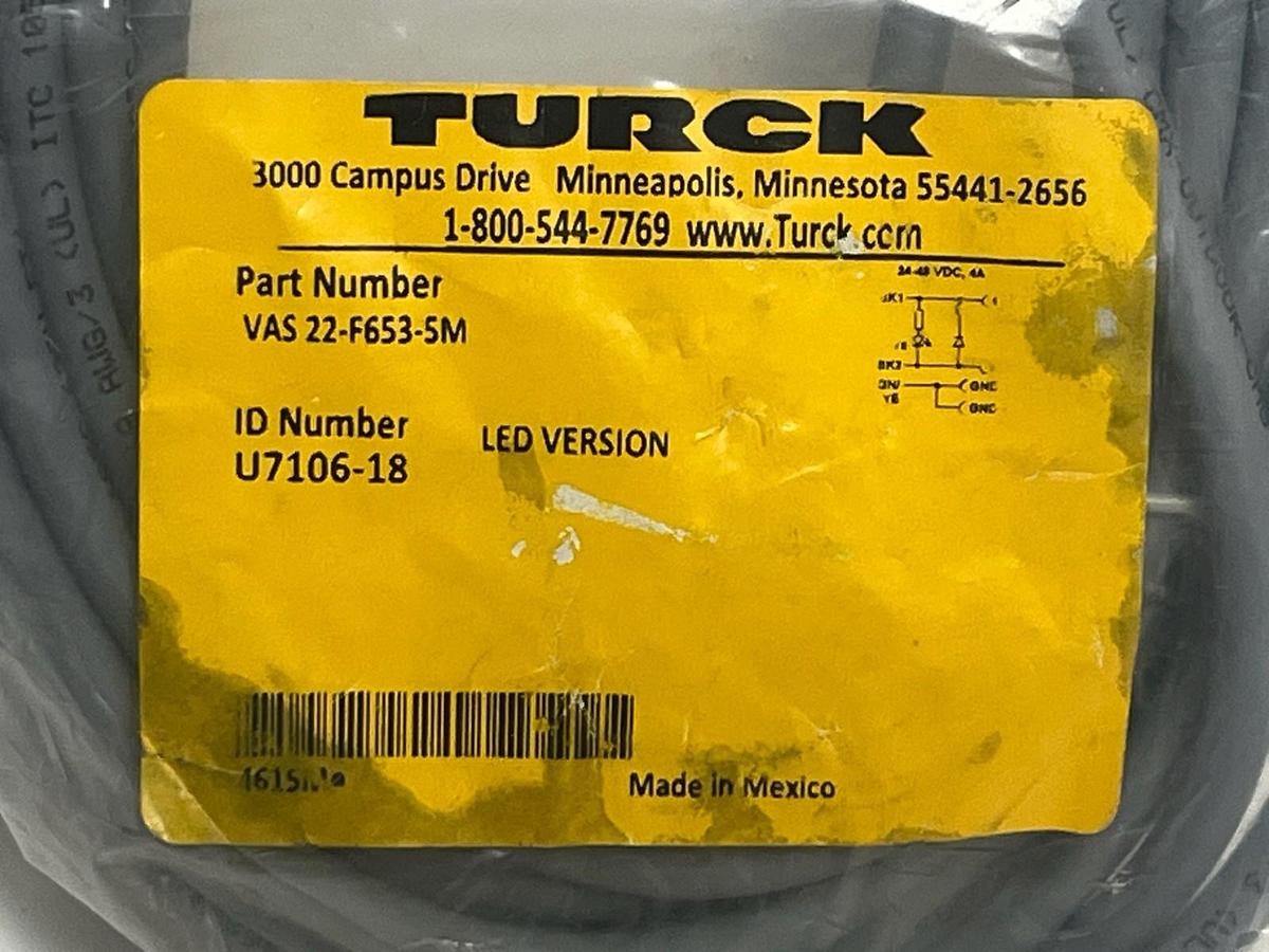 Turck VAS 22-F653-5M Female Valve Plug Type A 18mm 5m - NSFS