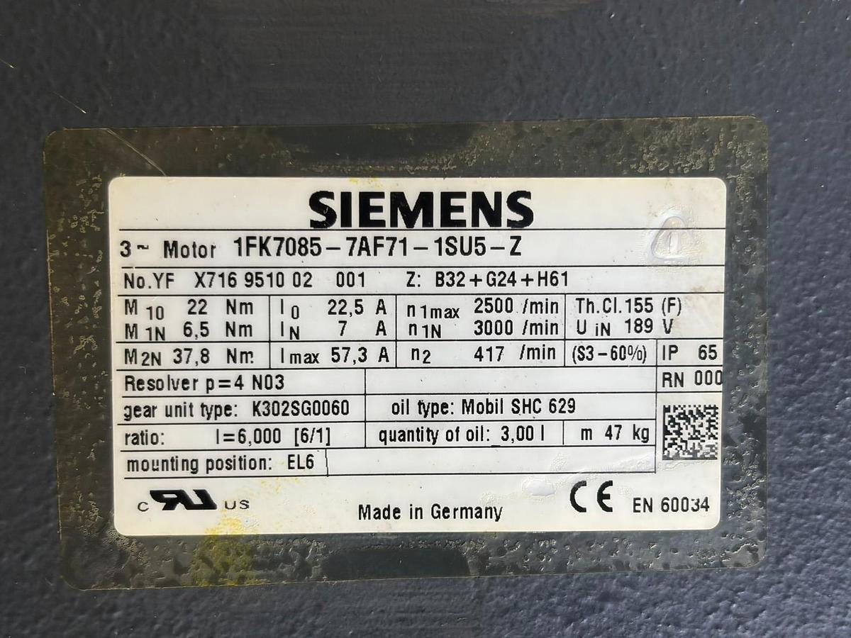 Used Siemens 1FK7085-7AF71-1SU5-Z Servo Motor w/Stober K302SG0060 Gearbox 6:1 Ratio