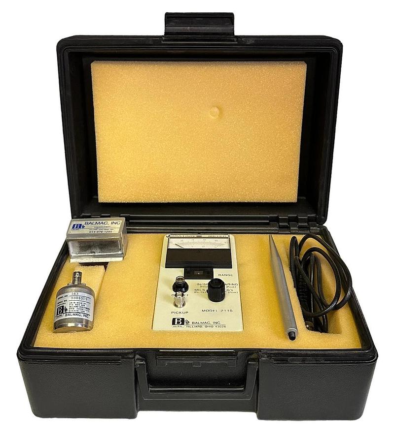 Used BALMAC INC MODEL 211S VIBRATION METER W/ MODEL 163 PROBE, CABLES AND CASE