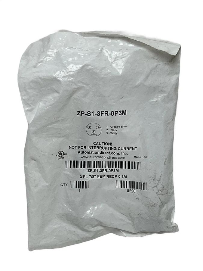 Used AutomationDirect ZP-S1-3FR-0P3M Female Receptacle 3-Pole 7/8" 0.3M Leads NSFS