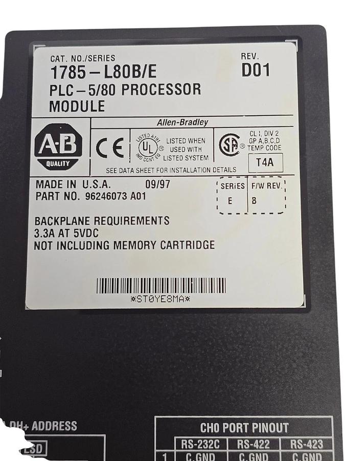 Used ALLEN BRADLEY 1785-L80B /E PLC-5/80 PROCESSOR MODULE REV. D01 F/W REV. B SER. E