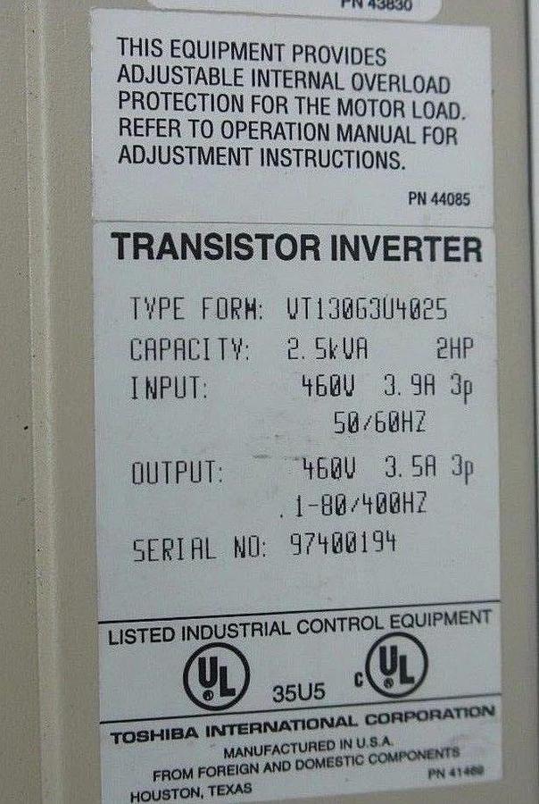 Used TOSHIBA VT130G3U4025 TRANSISTOR INVERTER 2.5KVA, 2HP, 460V ENCLOSURE ONLY