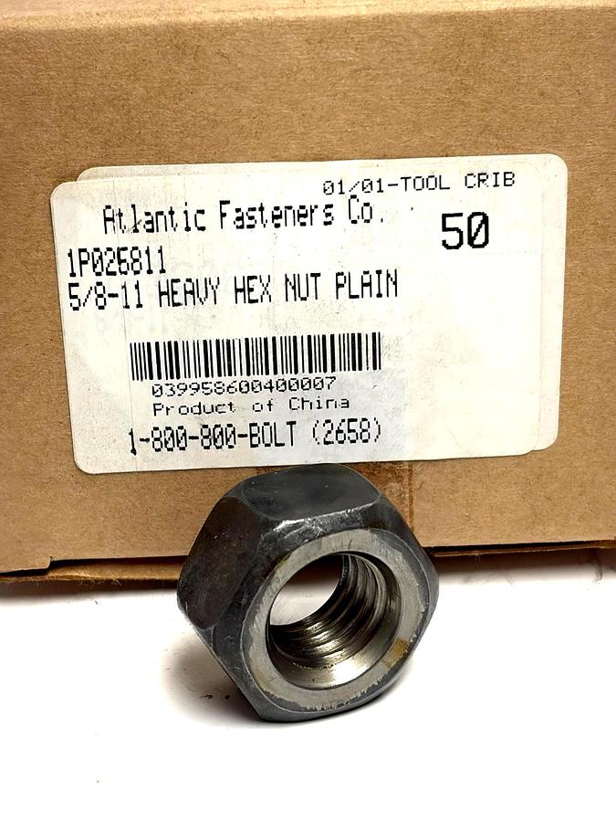 Used Atlantic Fasteners 5/8-11 Heavy Hex Nut Plain Finish Box of 50 Fasteners