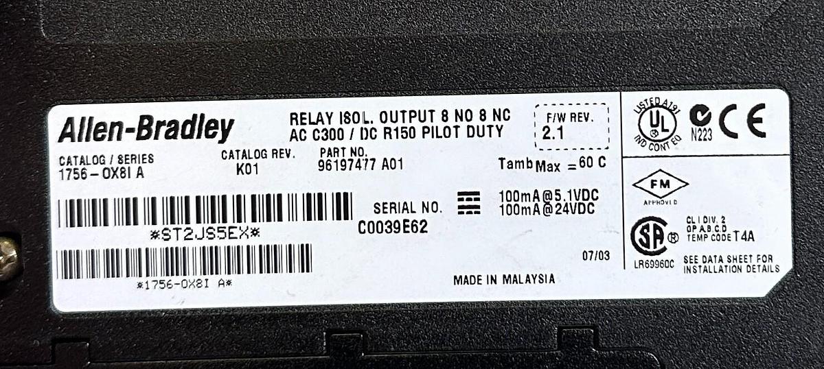 Used NEW ALLEN BRADLEY 1756-OX8I /A ControlLogix 8-PT RELAY ISO OUTPUT AC 1756OX8I