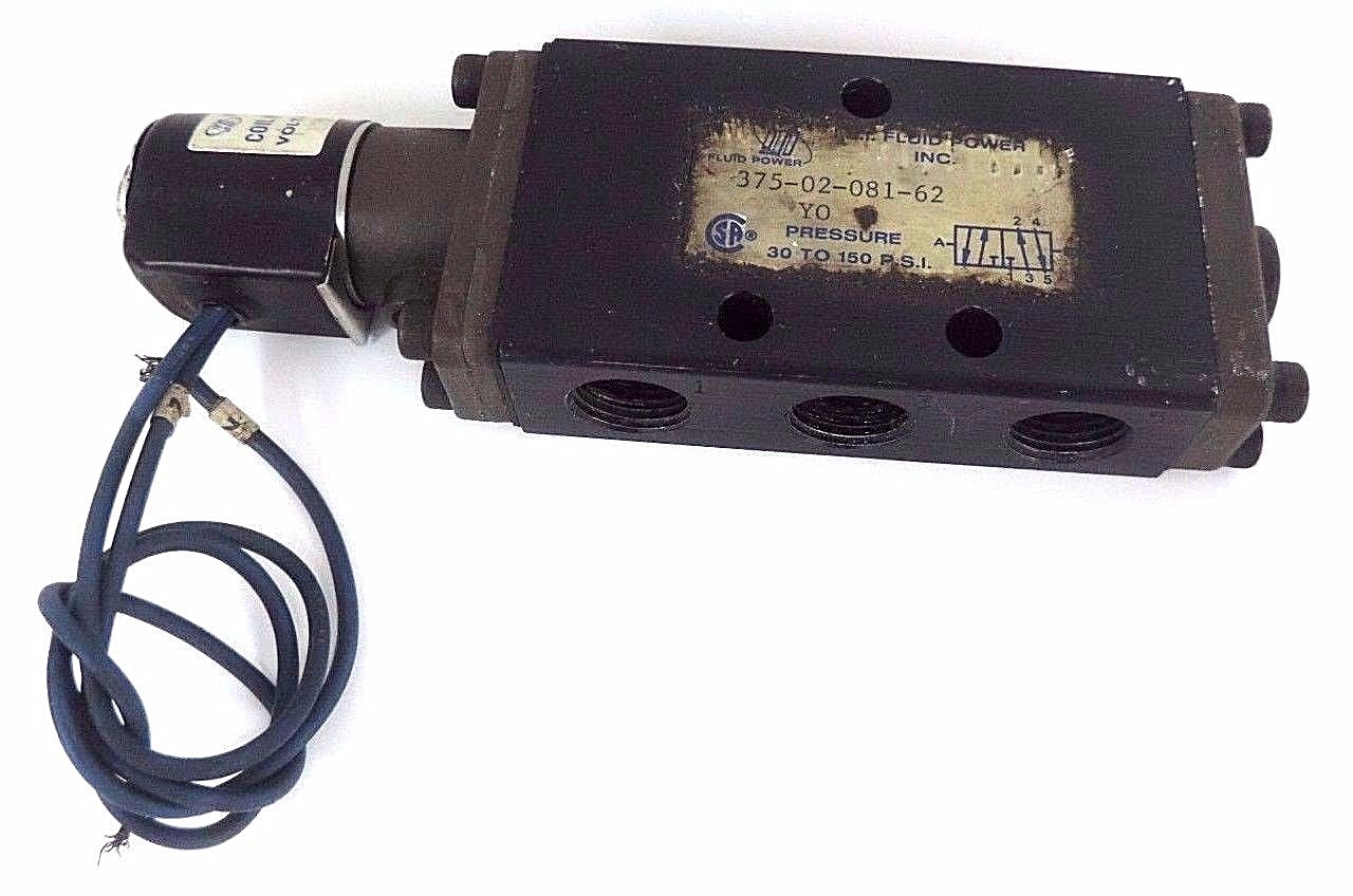 Used FLUID POWER 375-02-081-62 PNEUMATIC VALVE 30 TO 150 PSI W/ 26E01033 COIL