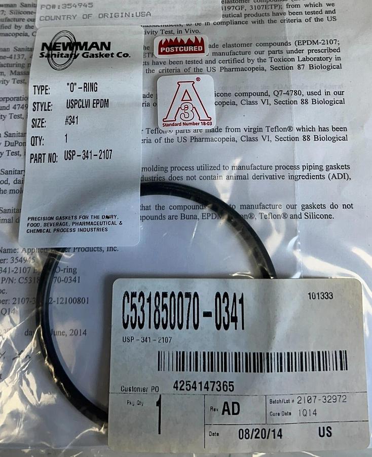 Used 8 NEW ROSEMOUNT NEWMAN C531850070-0341 / USP-341-2107 O-RINGS SIZE #341 NSMP