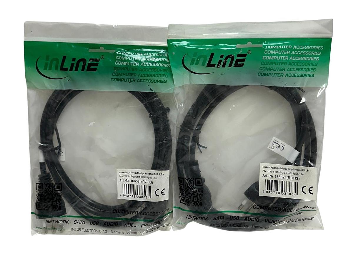 Used 2 INLINE 16652I POWER CABLES ITALY PLUG TO IEC-C13 PLUG 1.8M LENGTH NSMP
