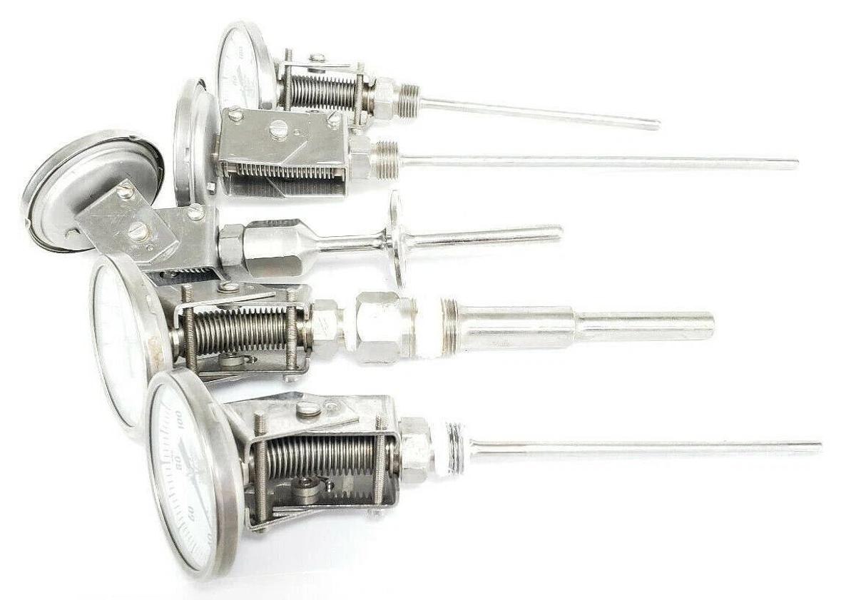Used LOT OF 5 TAYLOR BI-THERM THERMOMETERS -50-50DEG C & 20-120DEG C, VARIOUS LENGTHS