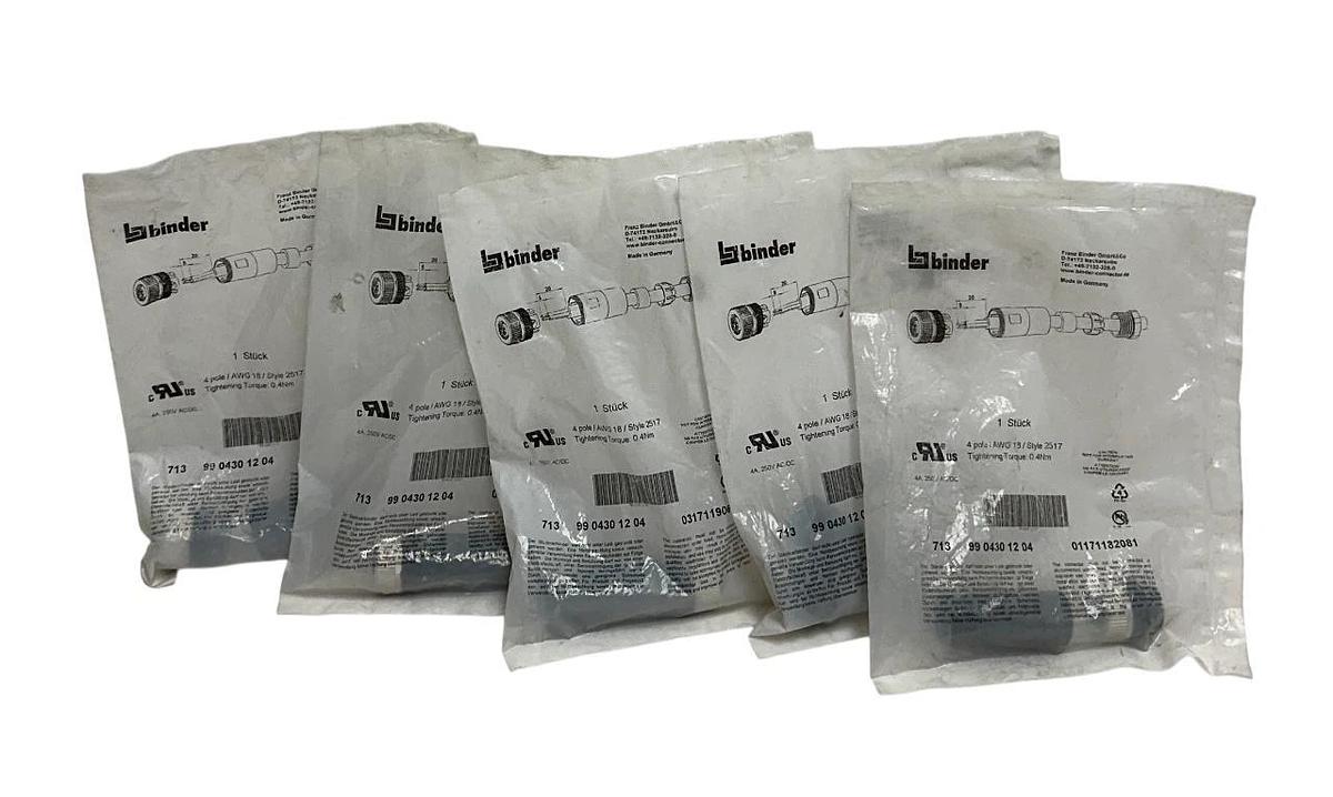 Used 5 BINDER 99 0430 12 04 / 9904301204 CABLE CONNECTORS SERIES 713 4-POLE NSFS