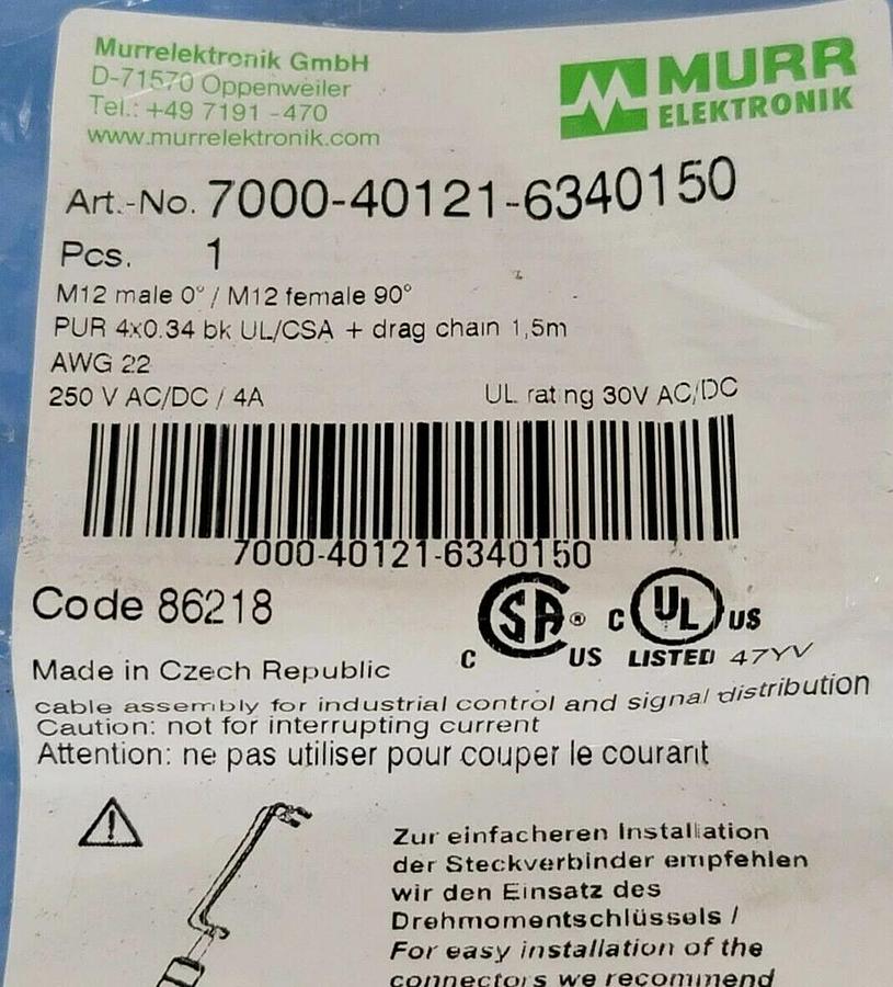 Used NEW MURR ELEKTRONIK 7000-40121-6340150 M12 MALE 0° / M12 FEMALE 90°