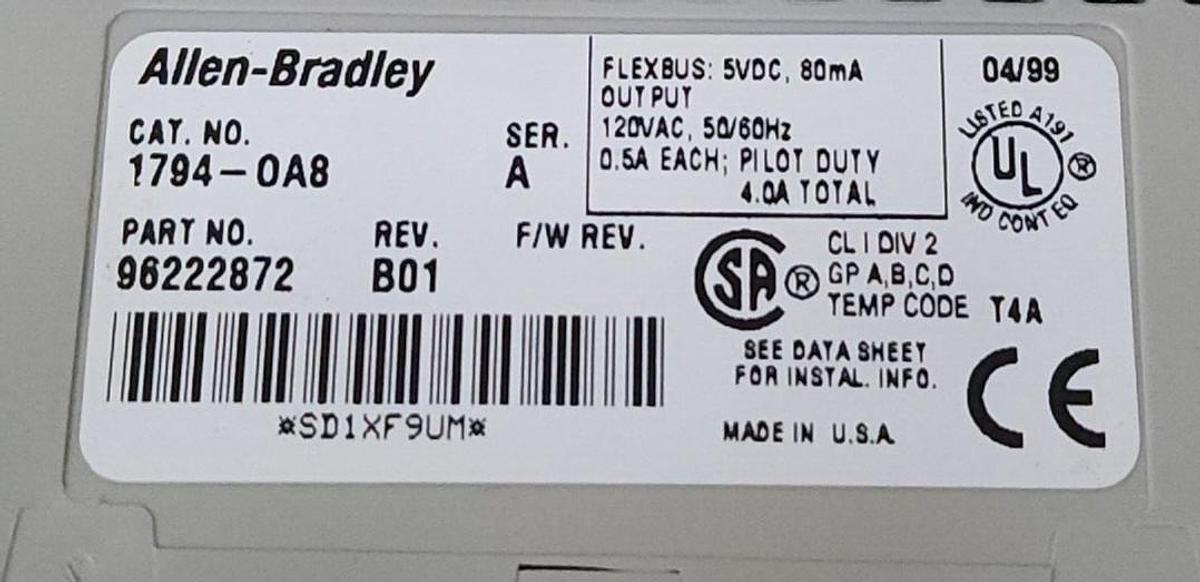 Used NIB ALLEN BRADLEY 1794-OA8 SER. B OUTPUT MODULE CAT. REV. F01 REV. B01