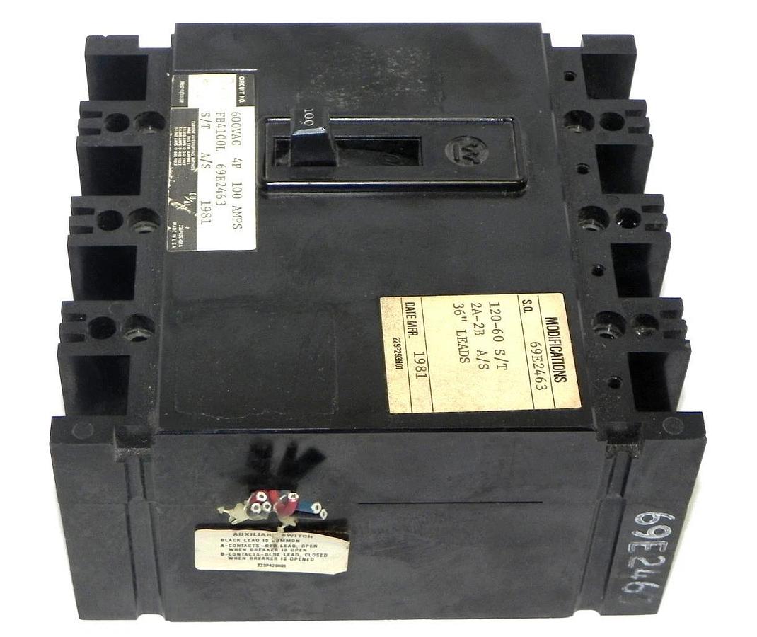 Used WESTINGHOUSE FB4100L CIRCUIT BREAKER 4 POLE 100 AMP, 69E2463