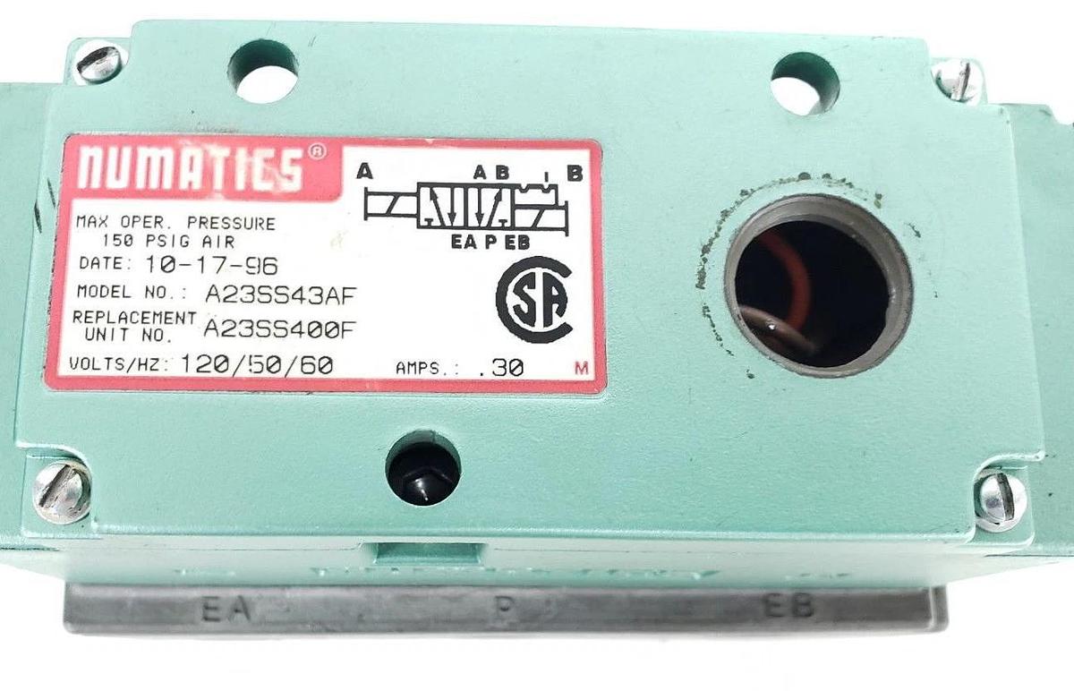 Used NUMATICS A23SS43AF SOLENOID VALVE A23SS400F W/ (2) 228-717C COILS 110-120/60