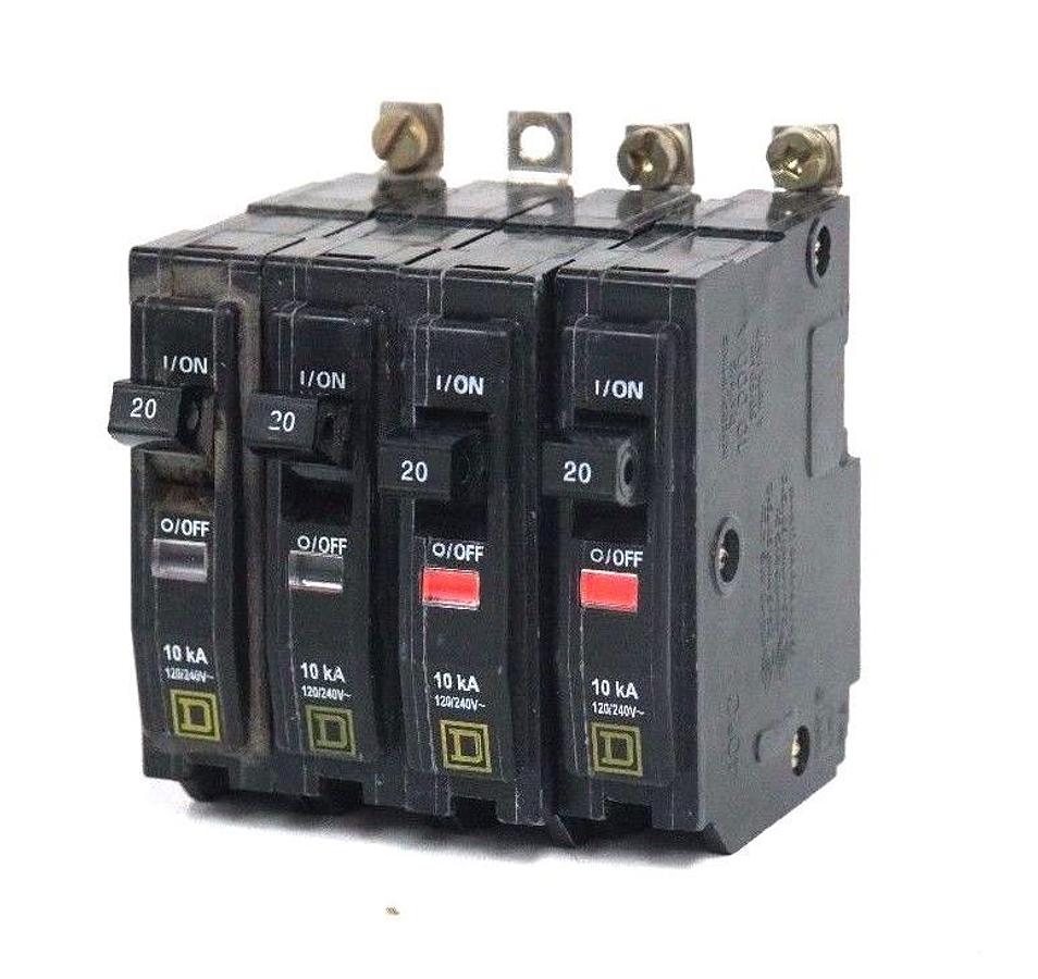 Used LOT OF 4 SQUARE D TYPE QOB-20 CIRCUIT BREAKERS 20 AMP, 1 POLE, QOB20