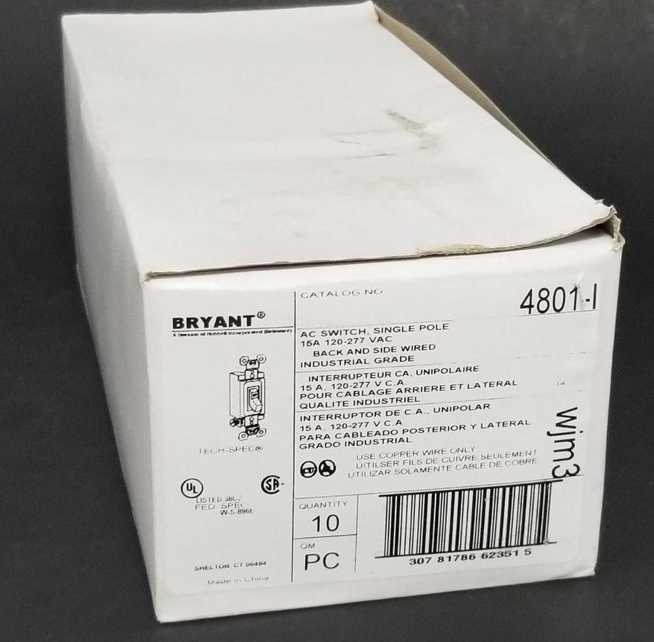 Used BOX OF 10 NEW BRYANT 4801-I AC SWITCHES, SINGLE POLE 15A, 120-277 VAC, 4801I