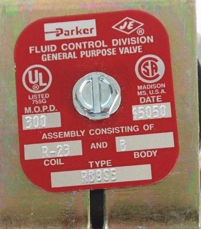 Used NIB PARKER RB9S5 GENERAL PURPOSE VALVE COIL: R-23, M.O.P.D. 300, 15/32 ORIFICE