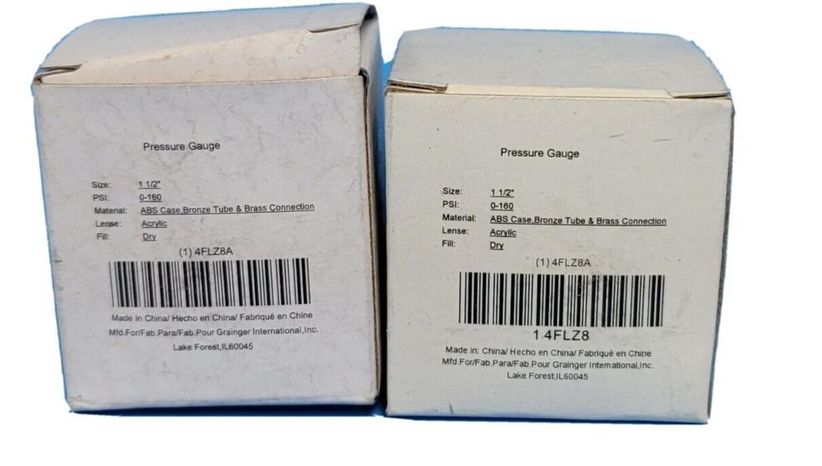 Used LOT OF 2 NIB GRAINGER 4FLZ8A PRESSURE GAUGES 0-160 PSI 1.5 FACE 1/8 NPT