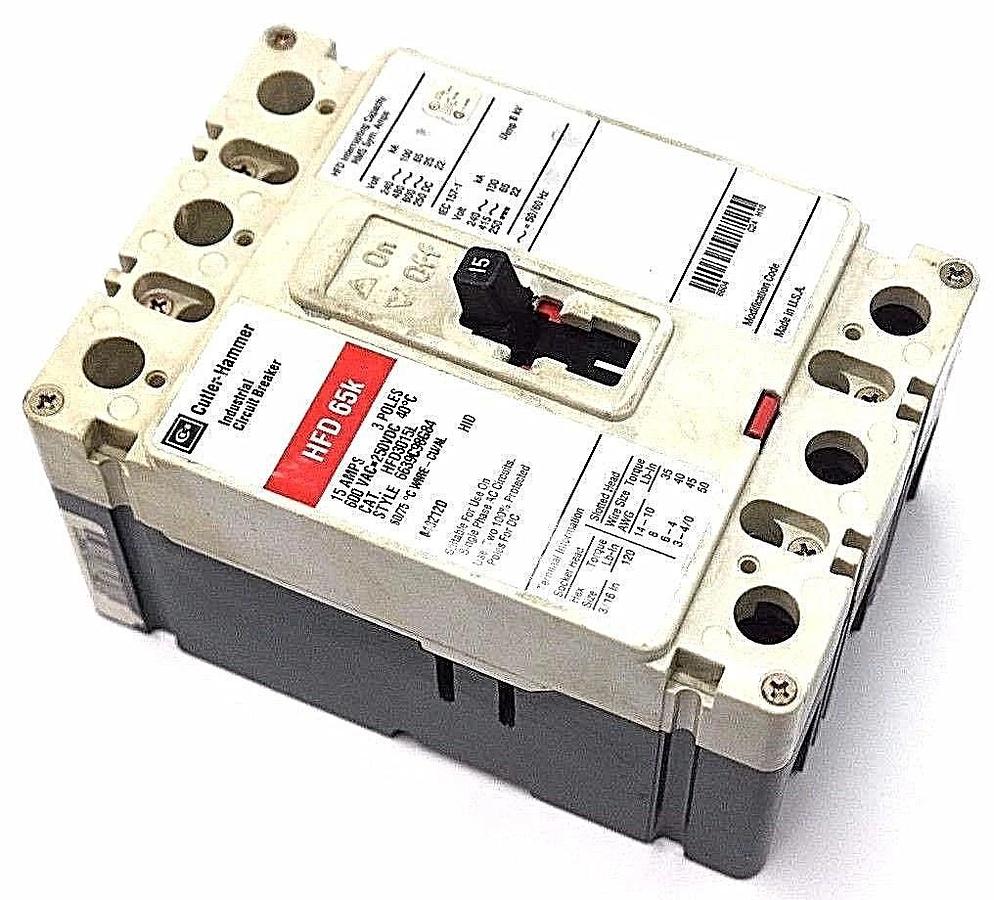 Used CUTLER HAMMER HFD65K CIRCUIT BREAKER HFD3015L, 6639C98G84, 15AMPS, 3POLES