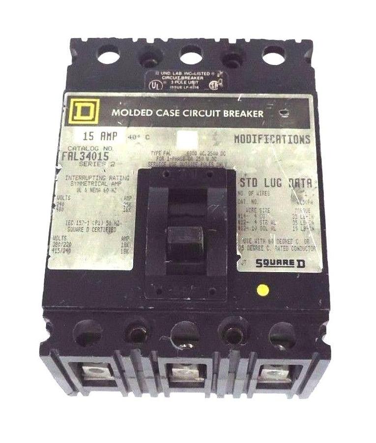 Used SQUARE D FAL34015 MOLDED CASE CIRCUIT BREAKER SERIES 2, 480V, 15A