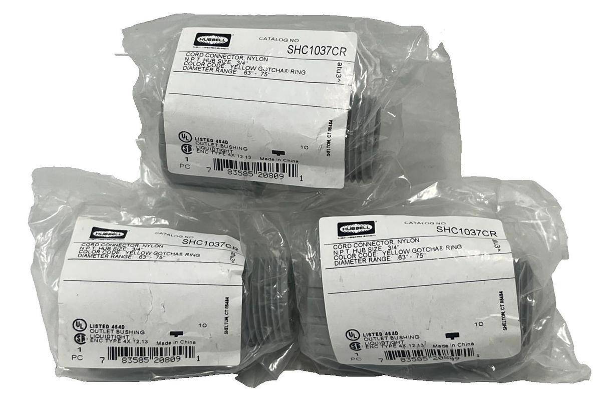 Used (3) Hubbell SHC1037CR Liquid Tight Cord Connector Straight Male 3/4" Nylon Gray