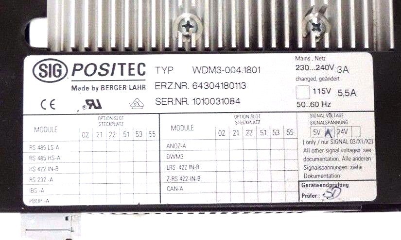 Used SIG POSITEC BERGER LAHR WDM3-004.1801 SERVO DRIVE 230/240V, 5,5A WDM30041801