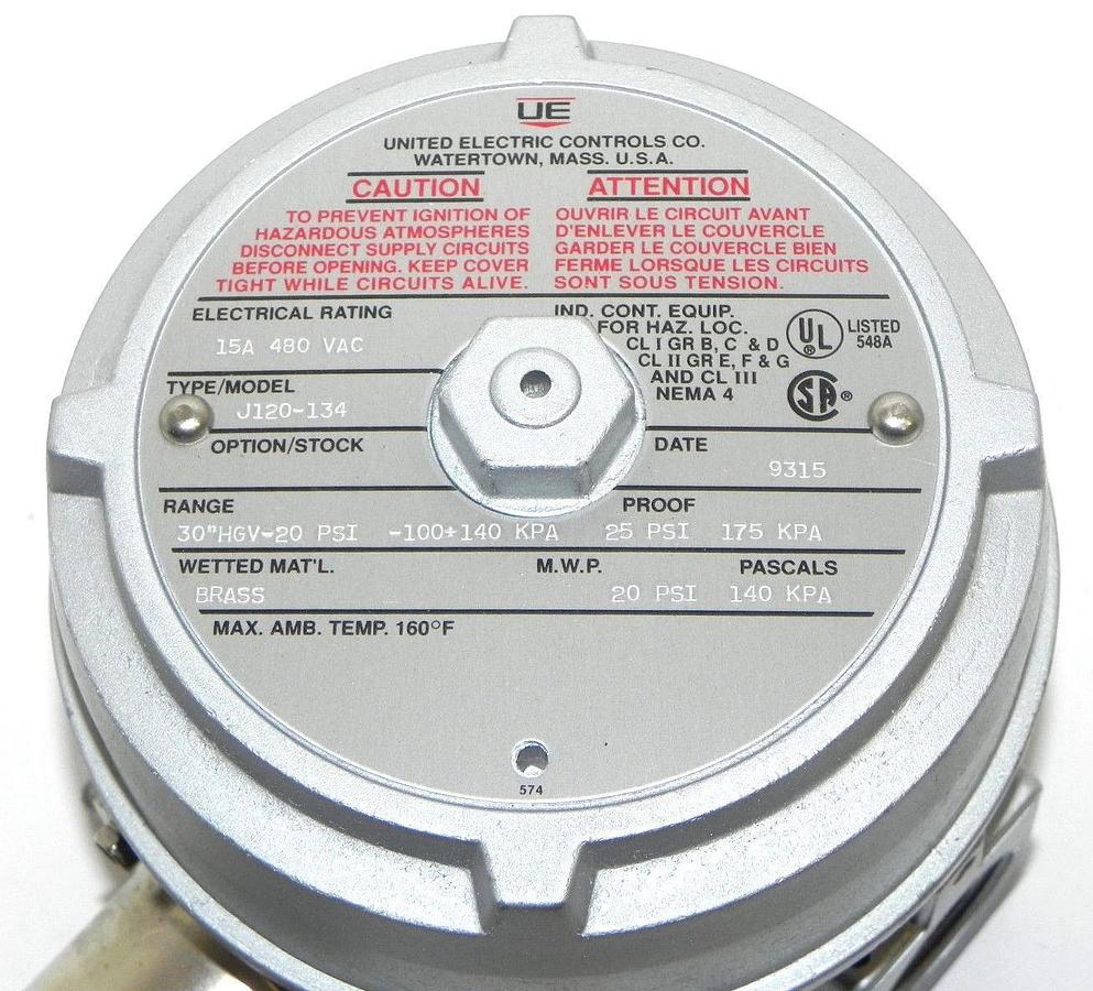 Used NIB UNITED ELECTRIC J120-134 PRESSURE SWITCH J120134