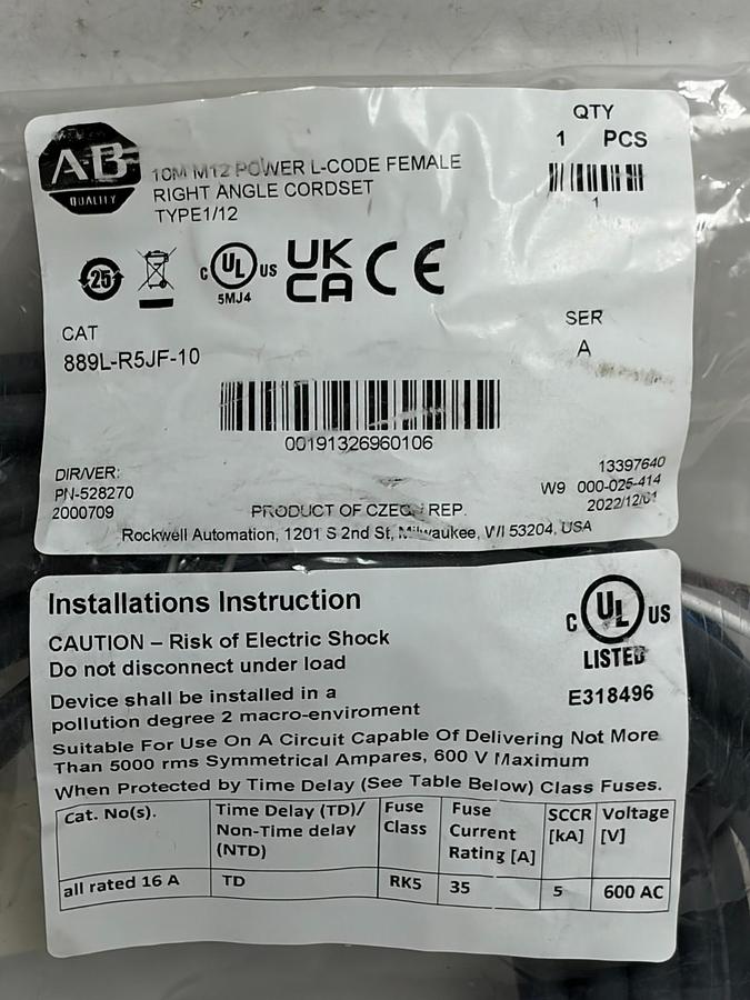 New Sealed Allen-Bradley 889L-R5JF-10 M12 Power L-Code Cordset 10m 16A
