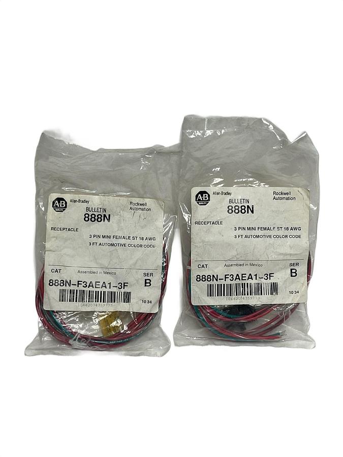 Lot of 2 Allen-Bradley 888N-F3AEA1-3F Mini Receptacle 3-Pin Female 3ft 18AWG NEW