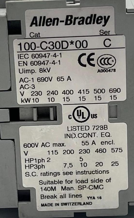 Allen-Bradley 100-C30D*00 Ser C IEC Contactor 30A 3Pole 600V w/ TC714M COIL NSNP