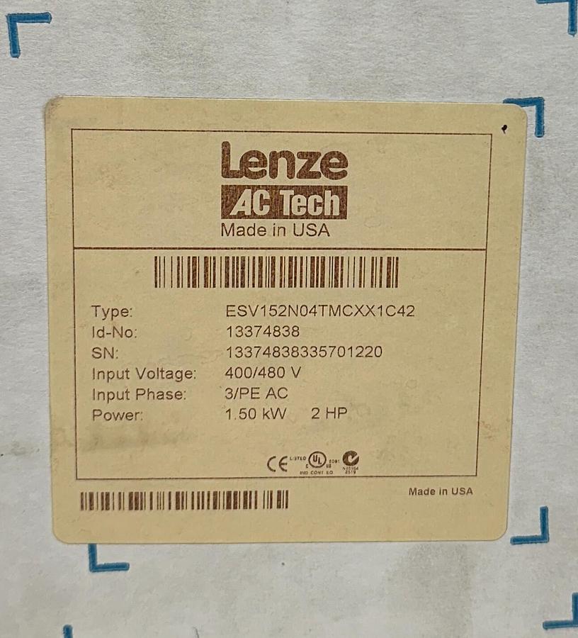 Used LENZE AC TECH ESV152N04TMC / 13374838 SMVector 1.5kW/2HP ESV152N04TMCXX1C42 NSMP