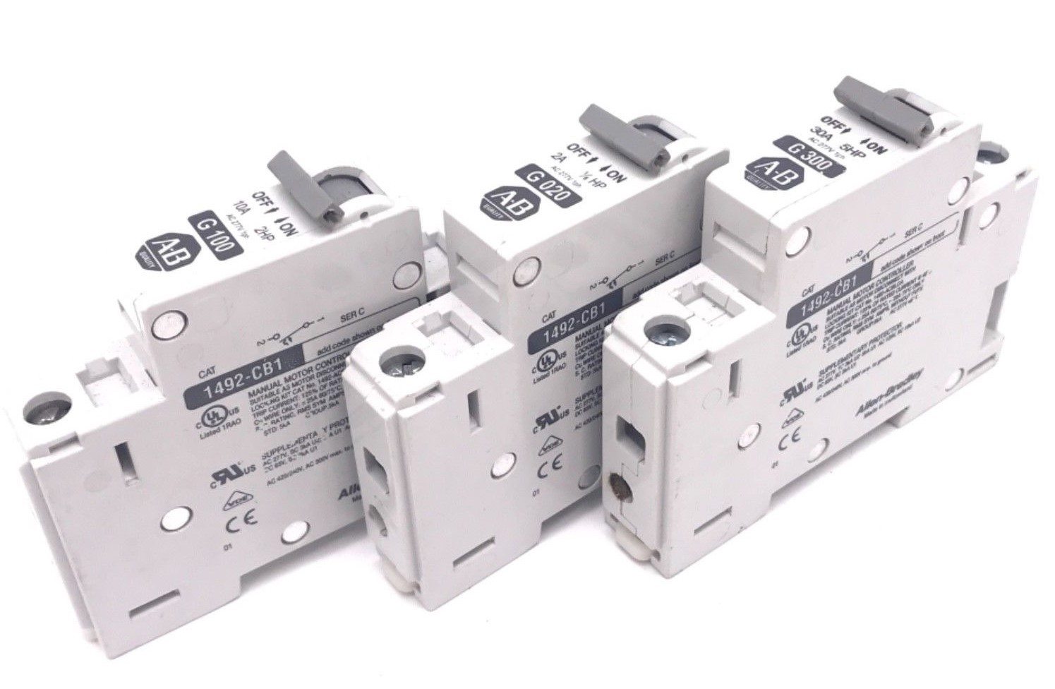 Used LOT OF 3 ALLEN BRADLEY 1492-CB1 SER. C CIRCUIT BREAKERS G-020, G-100, G-300