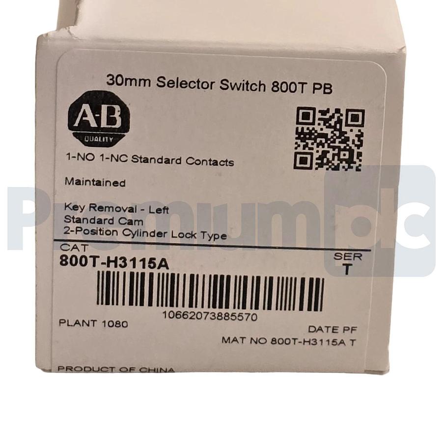 Allen Bradley 800T-H3115A /T 30mm Selector Switch 2-Pos Cylinder Lock 1-NO/1-NC
