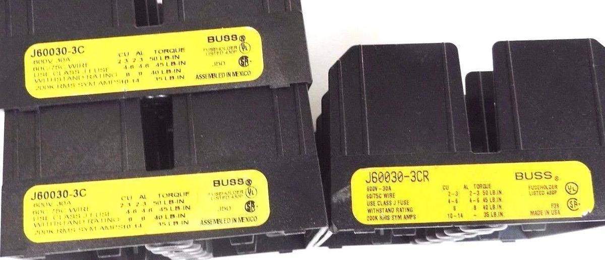 Used 3 COOPER BUSSMAN J60030-3CR, J60030-3C FUSE HOLDERS 600V, 30A, 60/75C, J60030C