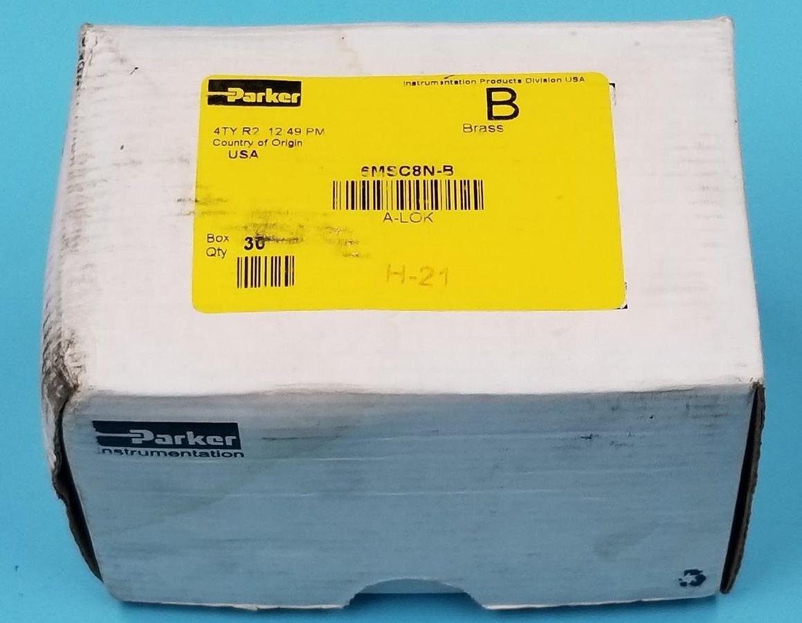 Used BOX OF 30 NEW PARKER 6MSC8N-B BRASS FITTINGS, 3/8" A-LOK X 1/2" MNPT, 6MSC8NB