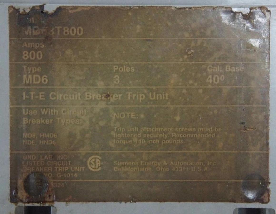 Used SIEMENS MD63T800 I-T-E CIRCUIT BREAKER TRIP UNIT 800 AMPS 3 POLE TYPE MD6