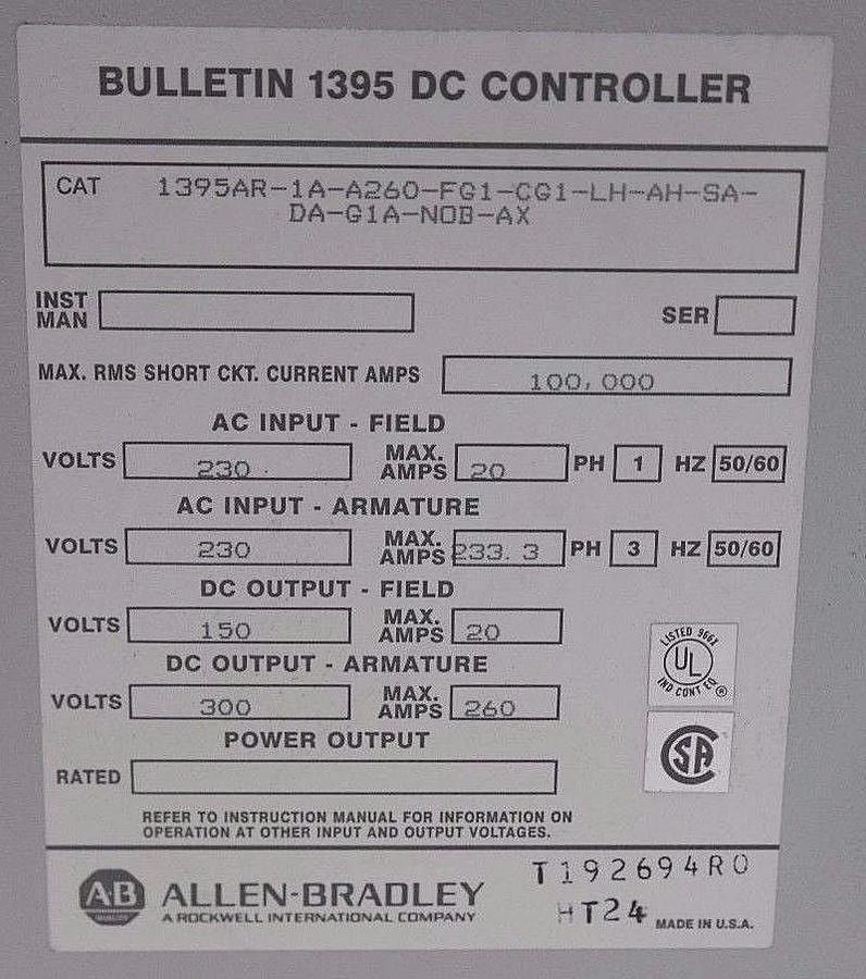 Used ALLEN BRADLEY 1395AR-1A-A260-FG1-CG1-LH-AH-SA-DA-G1A-NOB-AX DC DRIVE CONTROLLER
