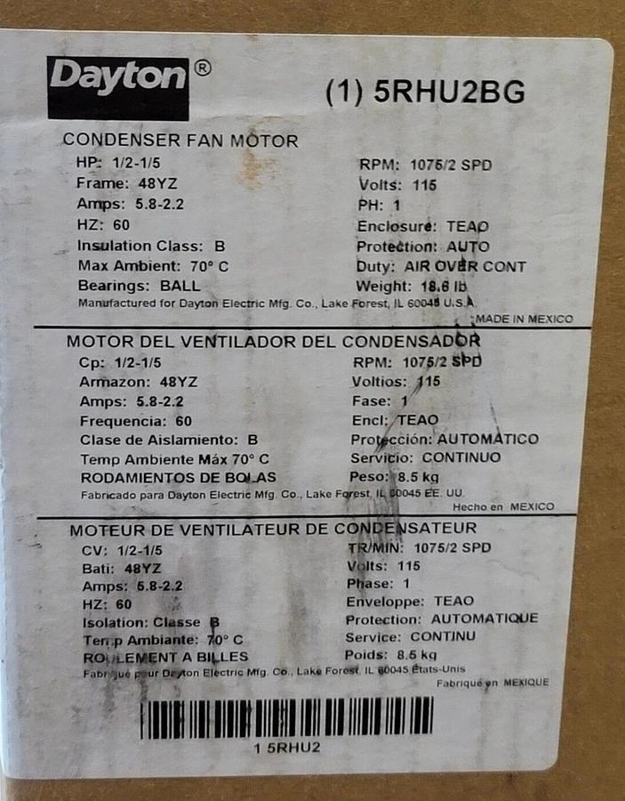 NEW DAYTON 5RHU2BG 1/2HP PERMANENT SPLIT CAPACITOR CONDENSER FAN MOTOR 60HZ 48YZ