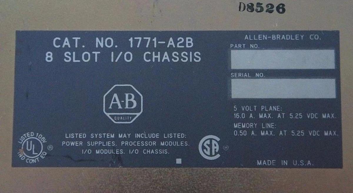 Used ALLEN BRADLEY 1771-A2B I/O CHASSIS 8 SLOT 960188-01FT10