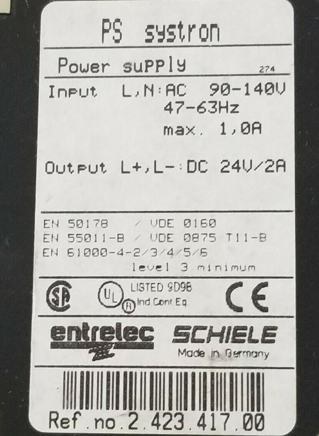 Used ENTRELEC SCHIELE 2.423.417.00 PS SYSTRON POWER SUPPLY, 24V/2A OUTPUT, 242341700