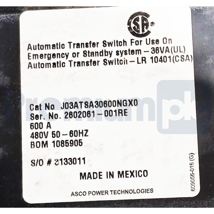 Used ASCO J03ATSA30600NGX0 Series 300 Automatic Transfer Switch 600A 480V 3-Pole NSNP