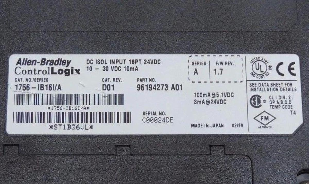 Used ALLEN BRADLEY 1756-IB16I/A INPUT MOUDLE SER A F/W REV 1.7 CAT REV D01 1756IB16IA