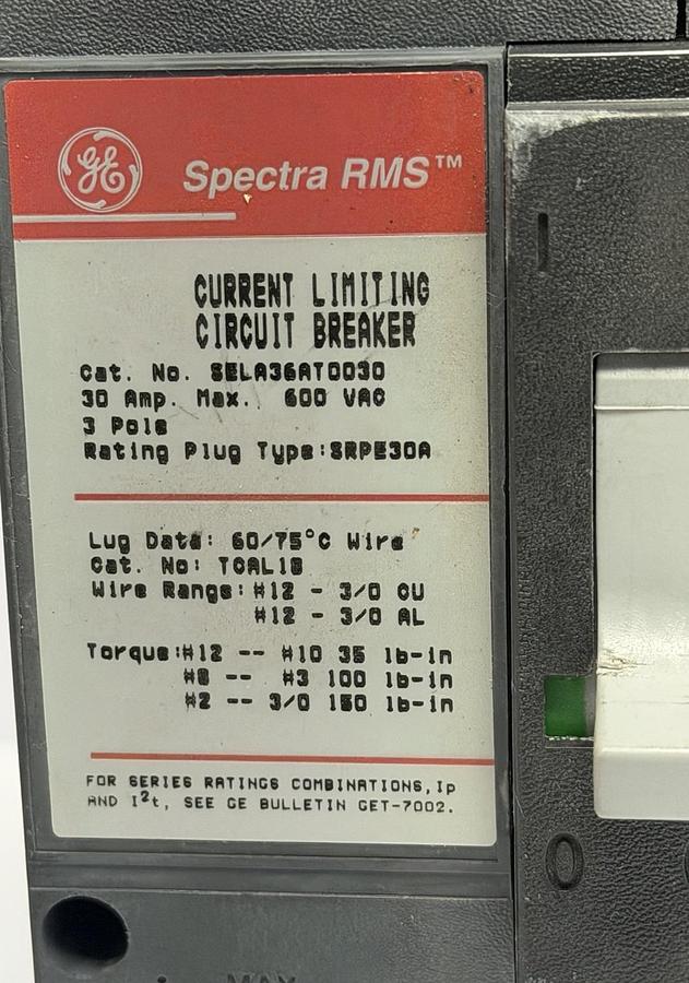 Used GE SELA36AT0030 SPECTRA RMS CURRENT LIMITING CIRCUIT BREAKER 30AMPS 3-POLE