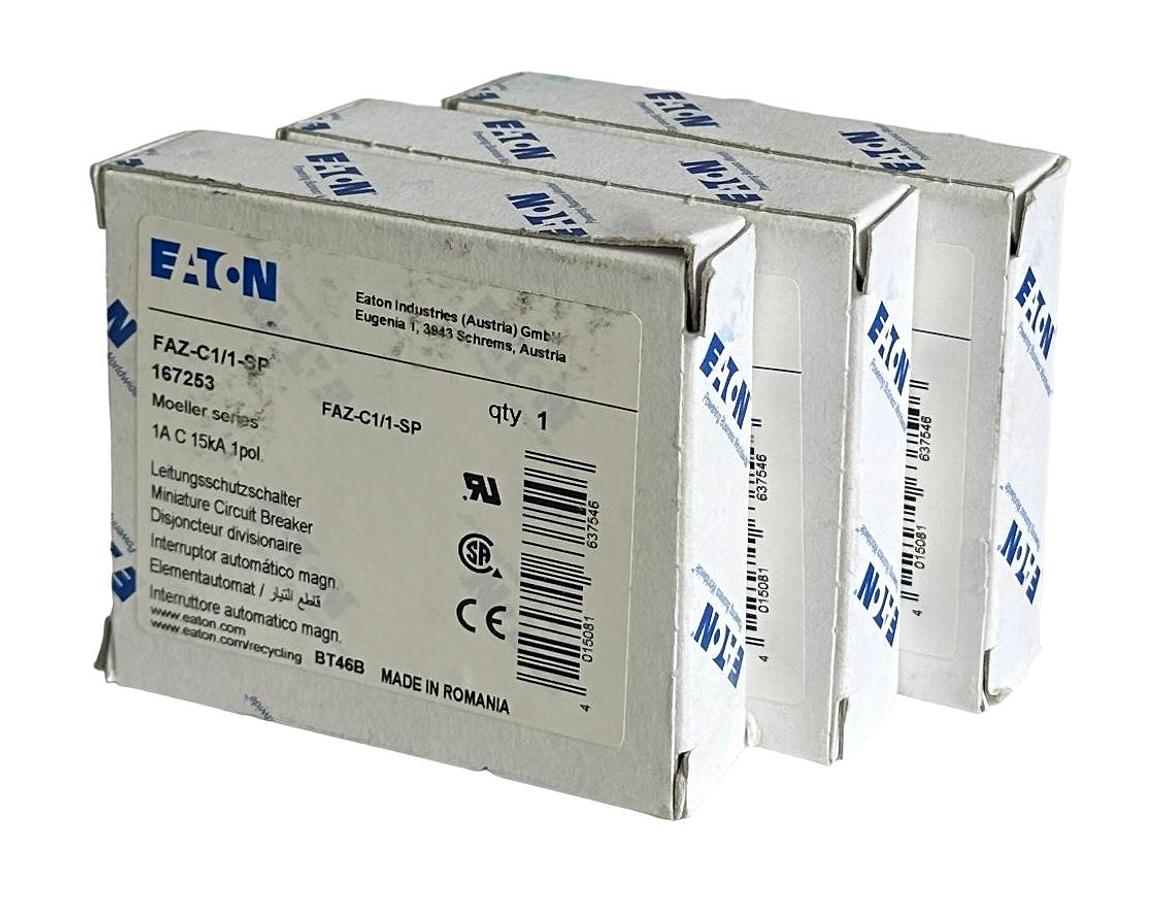 Used 3 NEW EATON FAZ-C1/1-SP / 167253 MOELLER SERIES 1A CIRCUIT BREAKER 1POL 15kA