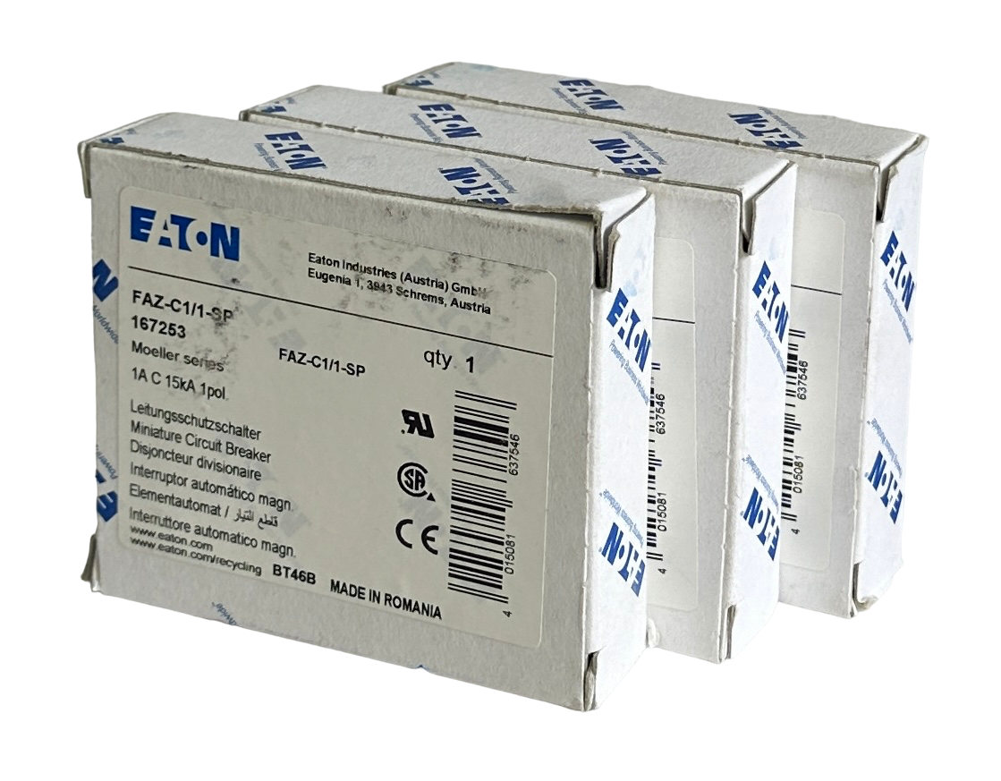 Used 3 NEW EATON FAZ-C1/1-SP / 167253 MOELLER SERIES 1A CIRCUIT BREAKER 1POL 15kA